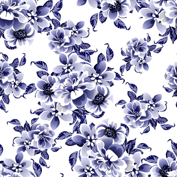 Sans Couture Bleu Monochrome Motif Fleurs Style Vintage — Image vectorielle