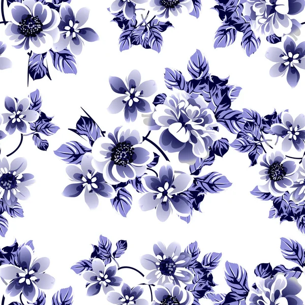 Azul Sem Costura Monocromático Estilo Vintage Padrão Flores —  Vetores de Stock