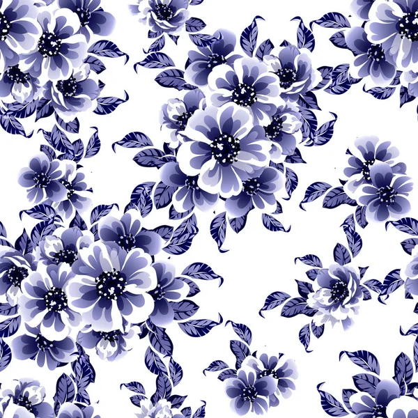 Sans Couture Bleu Monochrome Motif Fleurs Style Vintage — Image vectorielle