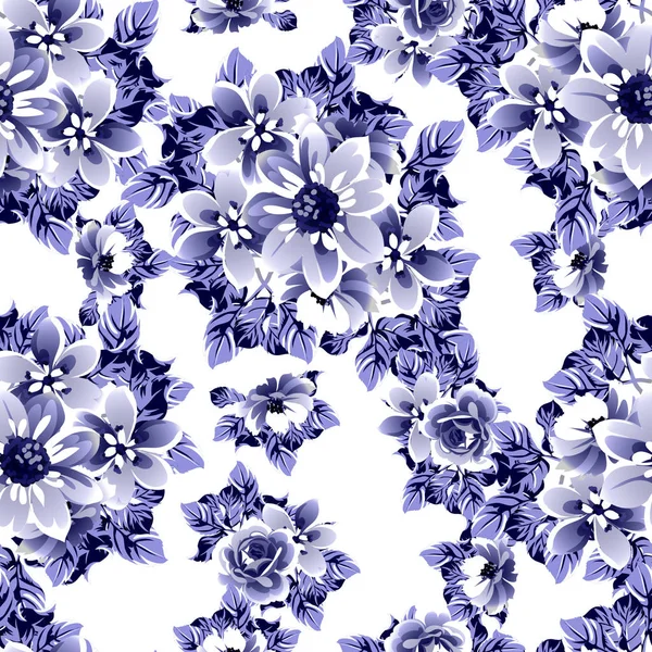 Sans Couture Bleu Monochrome Motif Fleurs Style Vintage — Image vectorielle