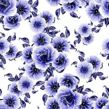 Kusursuz mavi monokrom klasik çiçek deseni