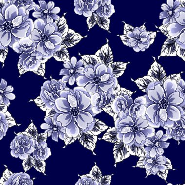 Kusursuz mavi monokrom klasik çiçek deseni