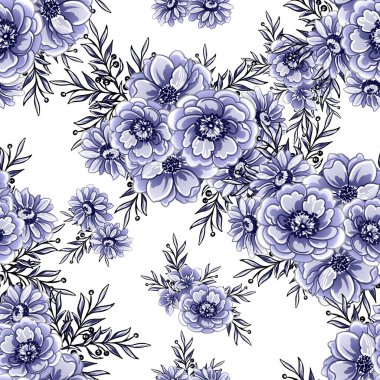 Kusursuz mavi monokrom klasik çiçek deseni