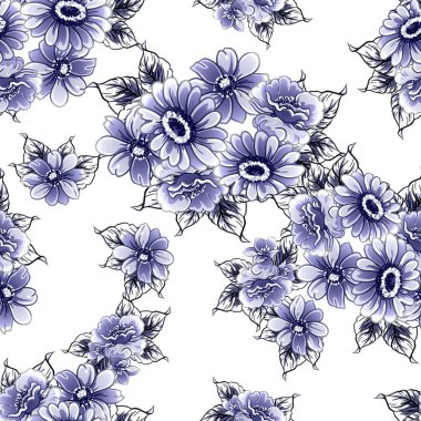 Kusursuz mavi monokrom klasik çiçek deseni