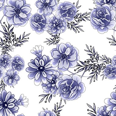 Kusursuz mavi monokrom klasik çiçek deseni