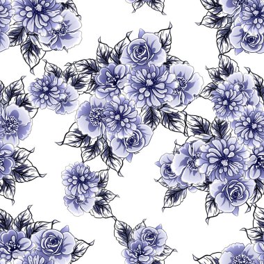 Kusursuz mavi monokrom klasik çiçek deseni