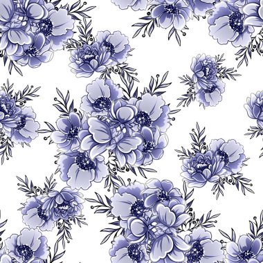Kusursuz mavi monokrom klasik çiçek deseni