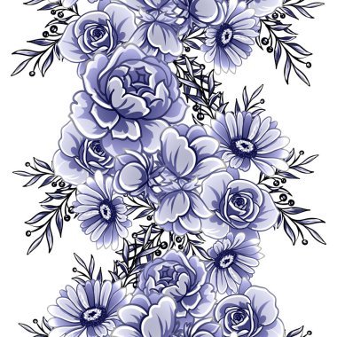 Kusursuz mavi monokrom klasik çiçek deseni