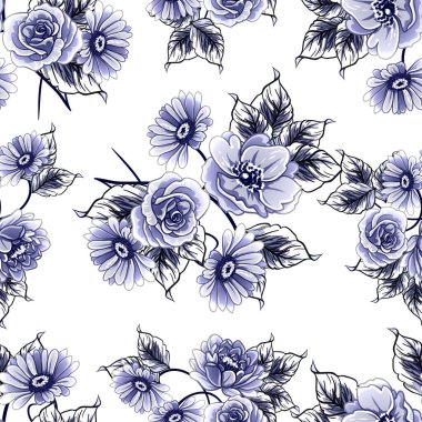 Kusursuz mavi monokrom klasik çiçek deseni
