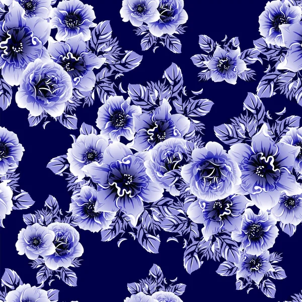 Безшовний Синій Монохромний Вінтажний Візерунок Квітами — стоковий вектор