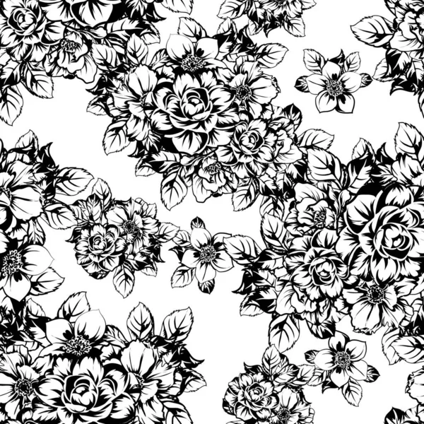 Modèle Fleurs Sans Couture Style Vintage Monochrome — Image vectorielle