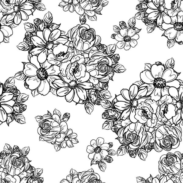 Inconsútil Patrón Flores Estilo Vintage Monocromo — Archivo Imágenes Vectoriales