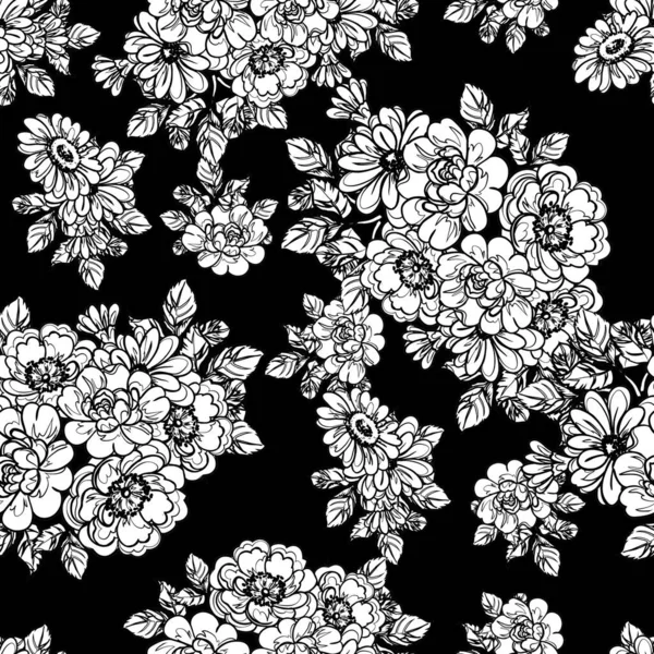 Inconsútil Patrón Flores Estilo Vintage Monocromo — Vector de stock