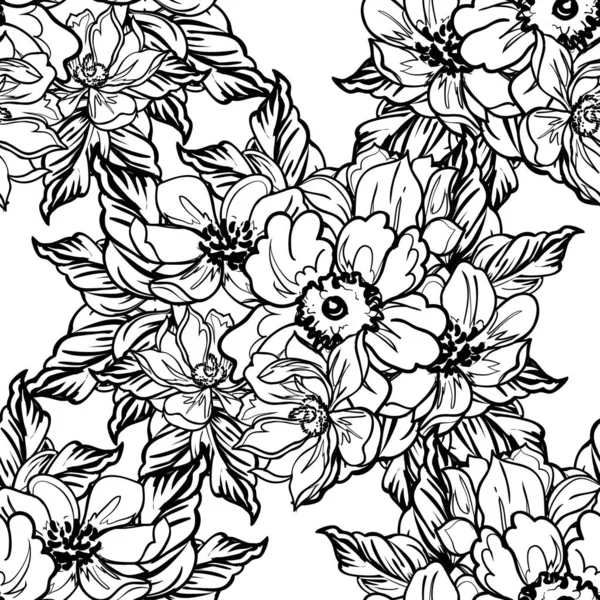 Modèle Fleurs Sans Couture Style Vintage Monochrome — Image vectorielle