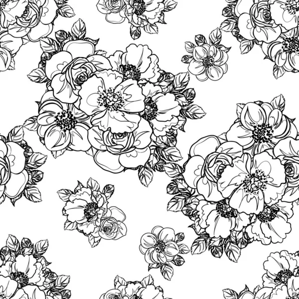 Inconsútil Patrón Flores Estilo Vintage Monocromo — Vector de stock