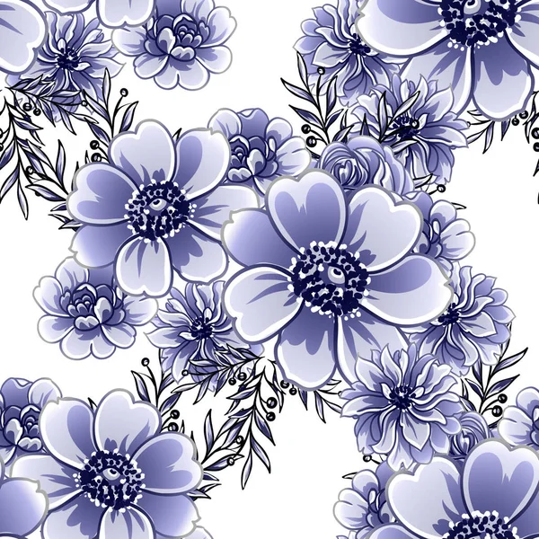 Senza Cuciture Blu Monocromatico Modello Fiori Stile Vintage — Vettoriale Stock