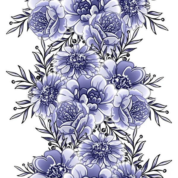 Azul Sem Costura Monocromático Estilo Vintage Padrão Flores — Vetor de Stock