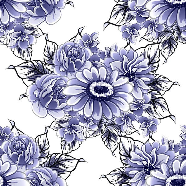 Seamless Blue Monochrome Vintage Style Flowers Pattern — Stock Vector