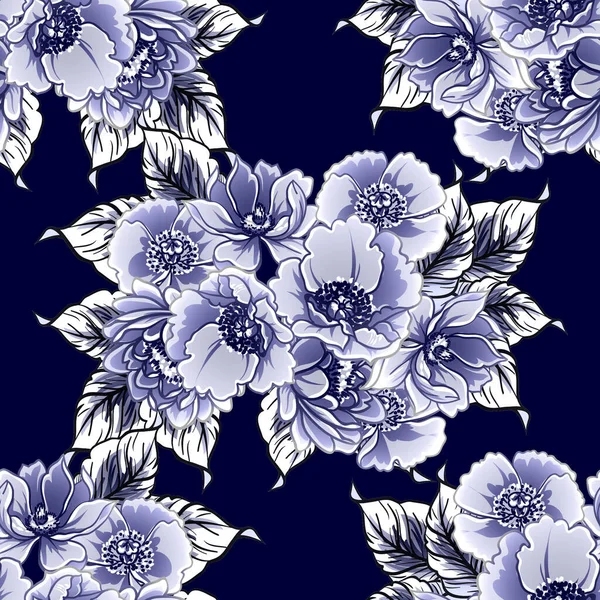 Patrón Flores Estilo Vintage Monocromo Azul Sin Costuras — Vector de stock