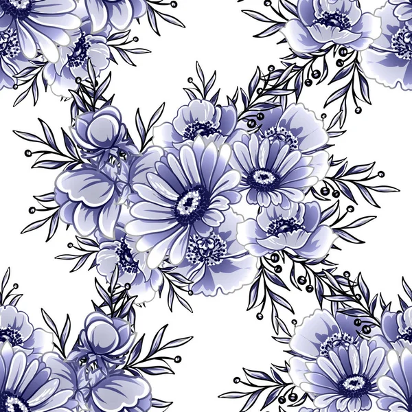 Patrón Flores Estilo Vintage Monocromo Azul Sin Costuras — Vector de stock