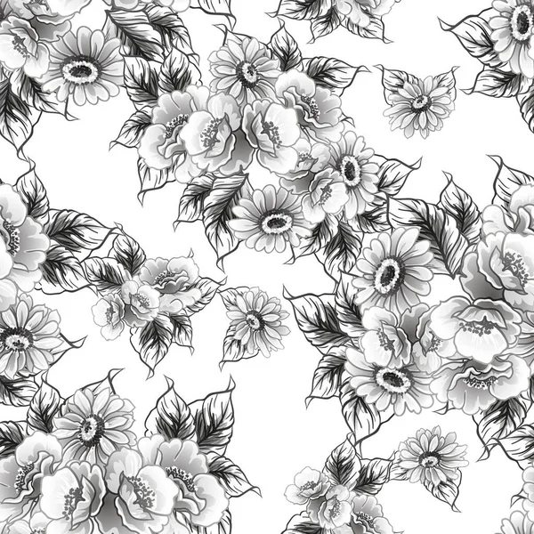 Naadloze Monochrome Vintage Stijl Bloemen Patroon — Stockvector