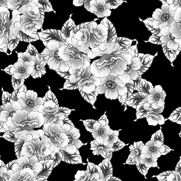 Senza Soluzione Continuità Modello Fiori Stile Vintage Monocromatico — Vettoriale Stock