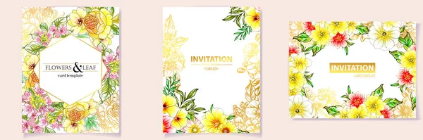 Set Farbenfroher Einladungskarten Blumen Vintage Stil — Stockvektor