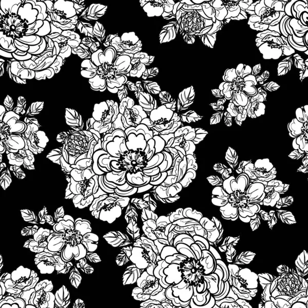 Modèle Fleurs Sans Couture Style Vintage Monochrome — Image vectorielle