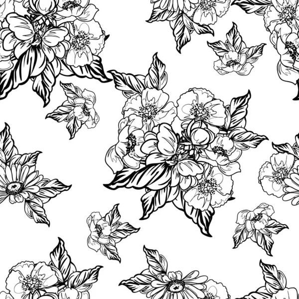 Inconsútil Patrón Flores Estilo Vintage Monocromo — Vector de stock