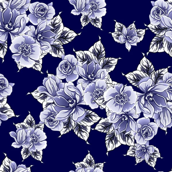 Seamless Blue Monochrome Vintage Style Flowers Pattern — Stock Vector