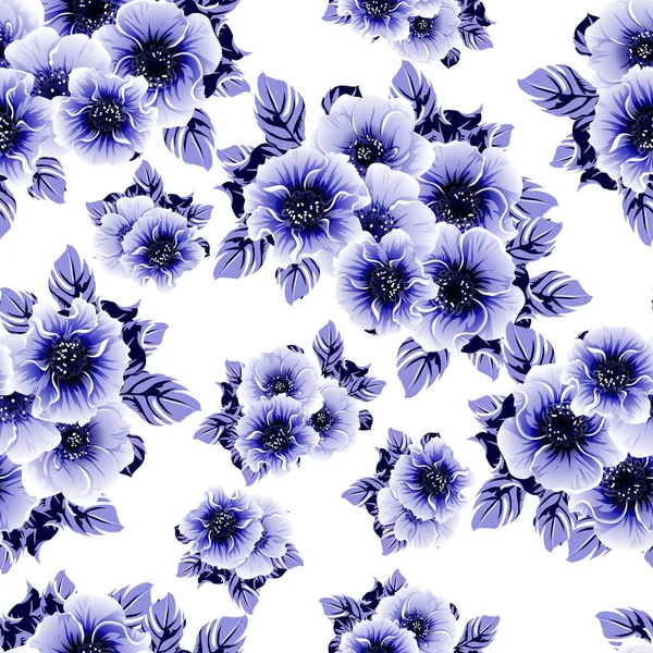 Seamless Blue Monochrome Vintage Style Flowers Pattern — Stock Vector