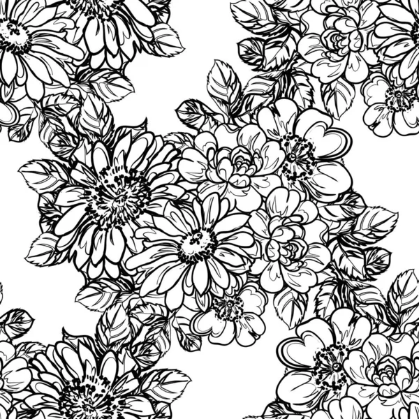 Naadloze Monochrome Vintage Stijl Bloemen Patroon — Stockvector