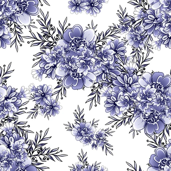 Kusursuz mavi monokrom klasik çiçek deseni