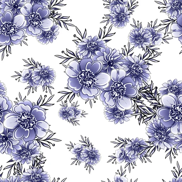 Sans Couture Bleu Monochrome Motif Fleurs Style Vintage — Image vectorielle