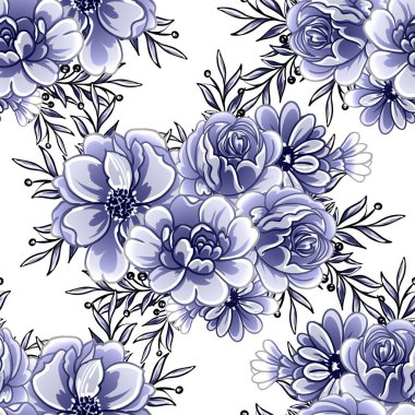 Kusursuz mavi monokrom klasik çiçek deseni