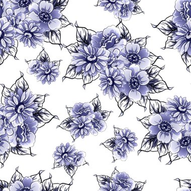 Kusursuz mavi monokrom klasik çiçek deseni