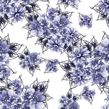 Kusursuz mavi monokrom klasik çiçek deseni
