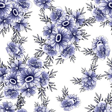 Kusursuz mavi monokrom klasik çiçek deseni