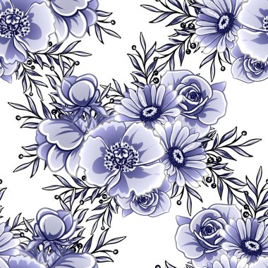 Kusursuz mavi monokrom klasik çiçek deseni