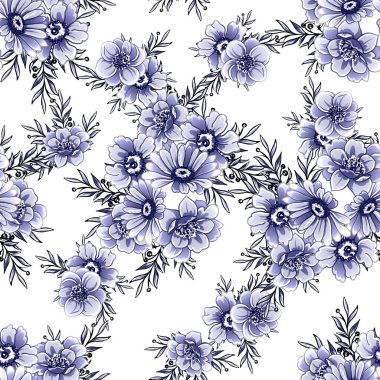 Kusursuz mavi monokrom klasik çiçek deseni