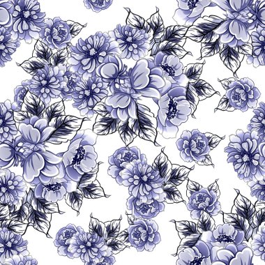 Kusursuz mavi monokrom klasik çiçek deseni