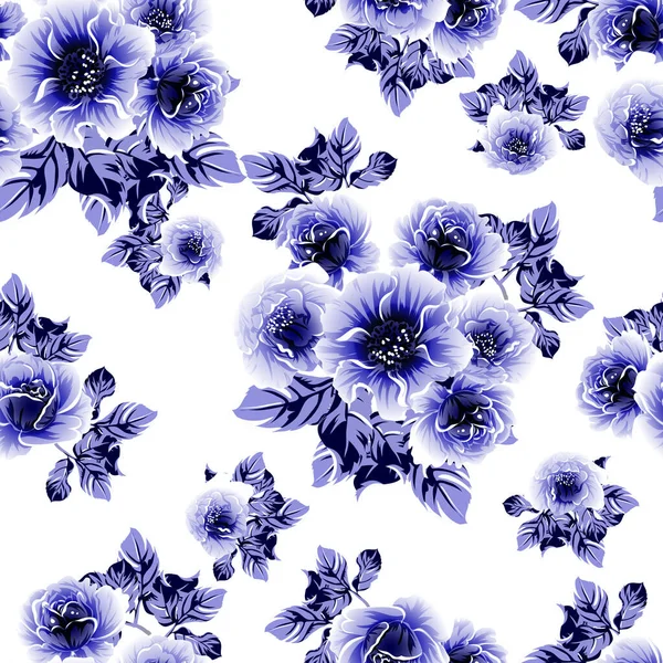 シームレスブルーモノクロヴィンテージスタイルの花パターン — ストックベクタ