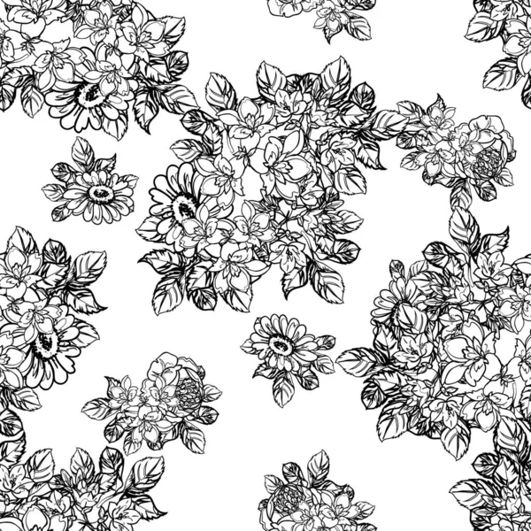 Inconsútil Patrón Flores Estilo Vintage Monocromo — Vector de stock