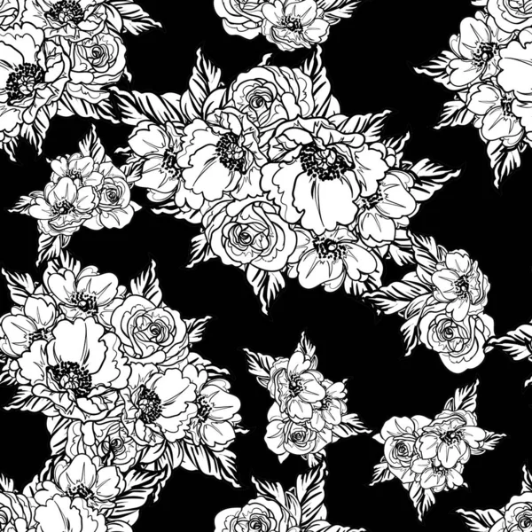 Nahtloses Monochromes Blumenmuster Vintage Stil — Stockvektor