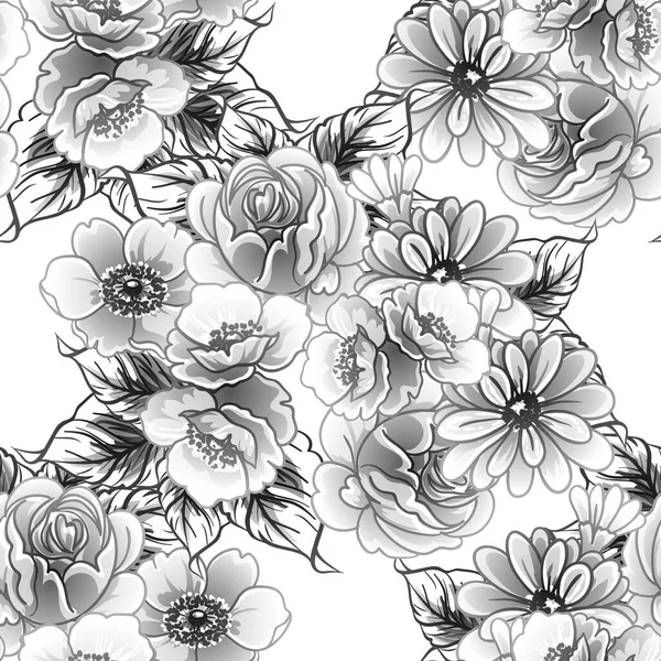 Inconsútil Patrón Flores Estilo Vintage Monocromo — Vector de stock