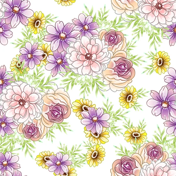 Estilo Vintage Colorido Flores Padrão Sem Costura — Vetor de Stock