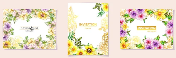 Set Colourful Invitation Cards Vintage Style Flowers — Stock Vector