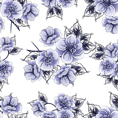 Kusursuz mavi monokrom klasik çiçek deseni