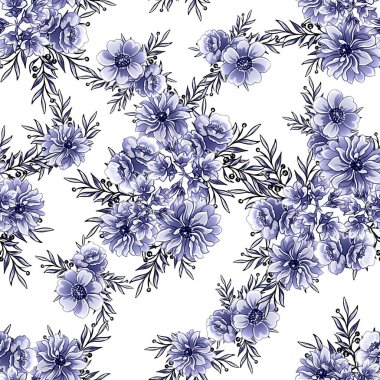 Kusursuz mavi monokrom klasik çiçek deseni