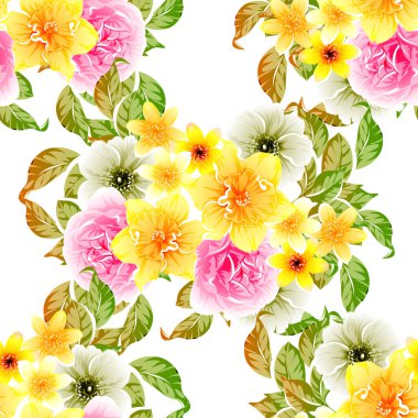 Renkli çiçekler pürüzsüz arkaplan, yapraklar, vektör illüstrasyonu